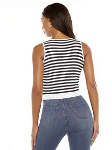 SHEIN BASICS Striped Pattern Crop Knit Top - Black and White - View 3