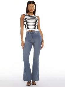 SHEIN BASICS Striped Pattern Crop Knit Top - Black and White - View 4