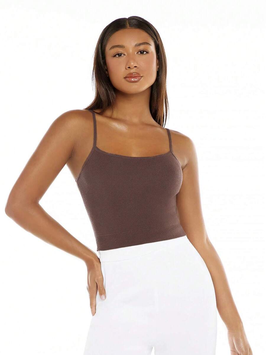 SHEIN BASICS 素色針織吊帶上衣 - 巧克力棕 - 查看 1