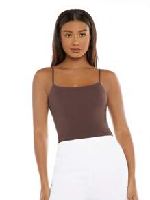 SHEIN BASICS 素色針織吊帶上衣 - 巧克力棕 - 查看 4
