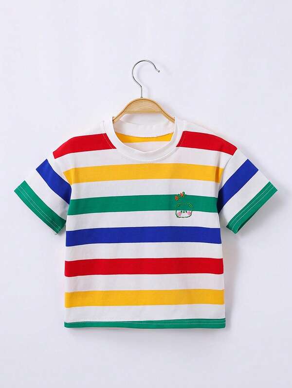 Young Boy Block Striped & Cartoon Graphic Tee