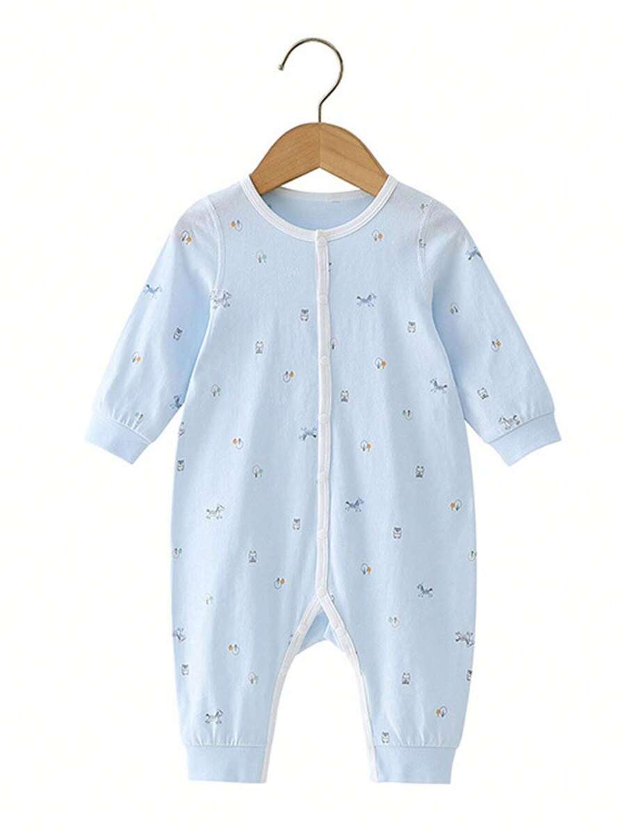 女嬰卡通圖案撞色滾邊連身褲 - 藍色 - 查看 1