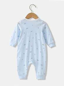 女嬰卡通圖案撞色滾邊連身褲 - 藍色 - 查看 2