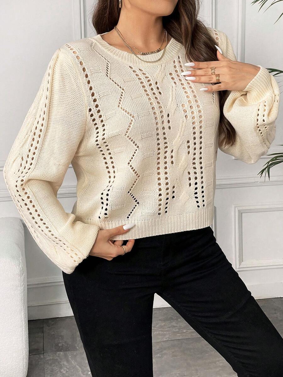 SHEIN Unity Plus Pointelle Knit Lantern Sleeve Jumper - Apricot - View 1