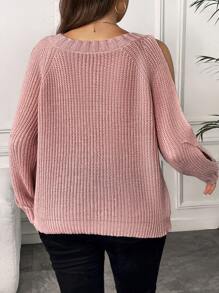 SHEIN Unity Áo len hở vai màu trơn thường ngày cỡ lớn, mùa thu - Hồng - Xem 2