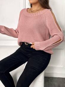 SHEIN Unity Áo len hở vai màu trơn thường ngày cỡ lớn, mùa thu - Hồng - Xem 3