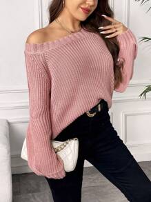 SHEIN Unity Áo len hở vai màu trơn thường ngày cỡ lớn, mùa thu - Hồng - Xem 4