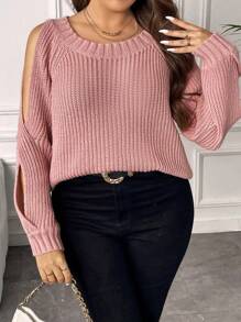 SHEIN Unity Áo len hở vai màu trơn thường ngày cỡ lớn, mùa thu - Hồng - Xem 5