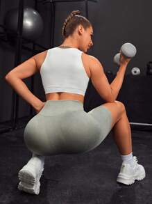 SHEIN Yoga Basic Thắt lưng rộng Quần short thể thao - màu xanh lá - Xem 5