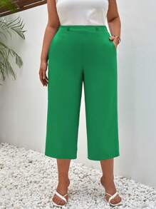 SHEIN Frenchy Plus Solid Slant Pocket Capris Pants - Green - View 3