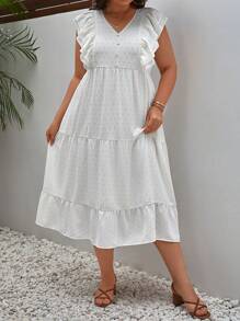 SHEIN Frenchy Plus Swiss Dot Ruffle Trim Dress - White - View 3