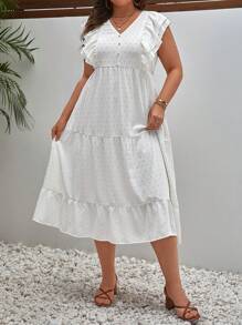 SHEIN Frenchy Plus Swiss Dot Ruffle Trim Dress - White - View 5