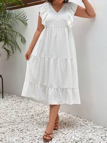 SHEIN Frenchy Plus Swiss Dot Ruffle Trim Dress - White - View 7