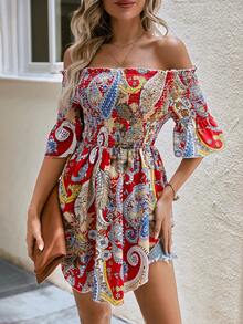 SHEIN VCAY Paisley Print Off Shoulder Flare Sleeve Blouse - Red - View 4