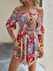 SHEIN VCAY Paisley Print Off Shoulder Flare Sleeve Blouse - Red - View 5