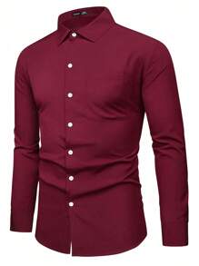 Manfinity Mode Men Solid Button Up Pocket Patched Shirt, Men Dress Shirt, Burgundy Men Dress Shirt, Dark Red Dress Shirt, Red Men Dress Shirt