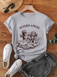 SHEIN LUNE 天使和字母圖案T恤 - 淺灰色 - 查看 1