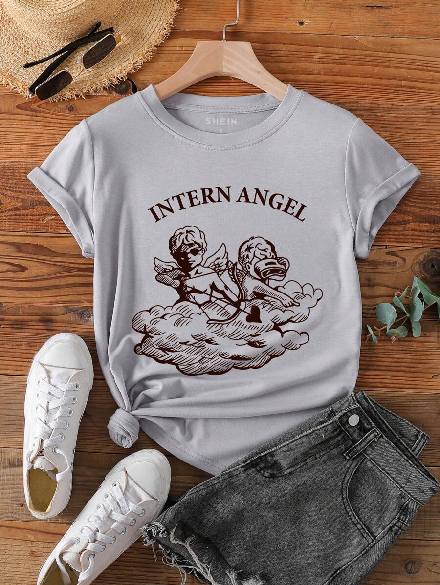 SHEIN LUNE 天使和字母圖案T恤 - 淺灰色 - 查看 1