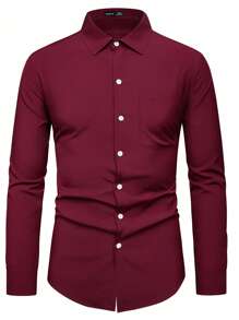 Manfinity Mode Men Solid Button Up Pocket Patched Shirt, Men Dress Shirt, Burgundy Men Dress Shirt, Dark Red Dress Shirt, Red Men Dress Shirt