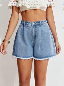 SHEIN EZwear Cao eo Raw Hem quần ống rộng Quần short Denim - Rửa nhẹ - Xem 1