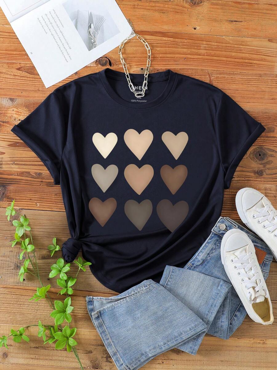 SHEIN EZwear 大碼愛心圖案T恤 - 藏蓝色 - 查看 1