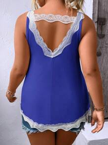 SHEIN LUNE Plus Contrast Lace Tank Top - Blue - View 2