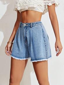 SHEIN EZwear Cao eo Raw Hem quần ống rộng Quần short Denim - Rửa nhẹ - Xem 3