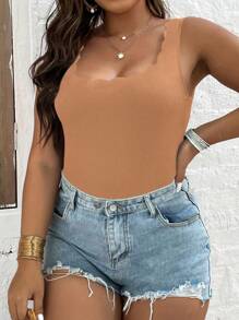 SHEIN Clasi 大碼貝殼邊連體衣 - 卡其色 - 查看 5