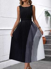 SHEIN Clasi Colourblock Pleated Hem Dress - Multicolor - View 5