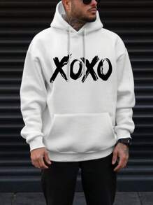 Manfinity Homme 男士寬鬆連帽衫,印有字母圖案,袋鼠口袋和束口設計 - 白色 - 查看 1