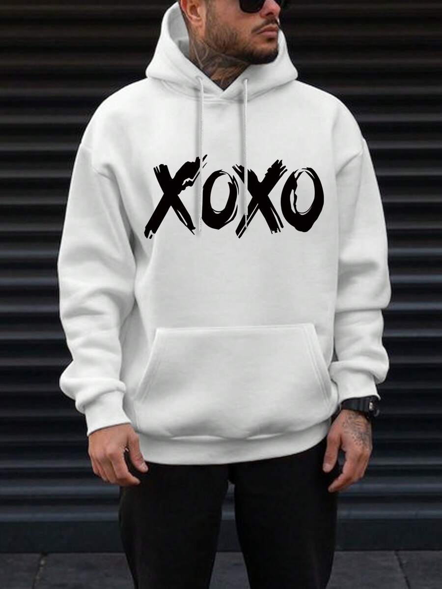 Manfinity Homme 男士寬鬆連帽衫,印有字母圖案,袋鼠口袋和束口設計 - 白色 - 查看 1