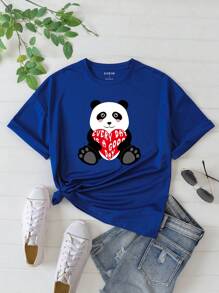 SHEIN EZwear 貓熊和標語圖案T恤 - 寶藍色 - 查看 1