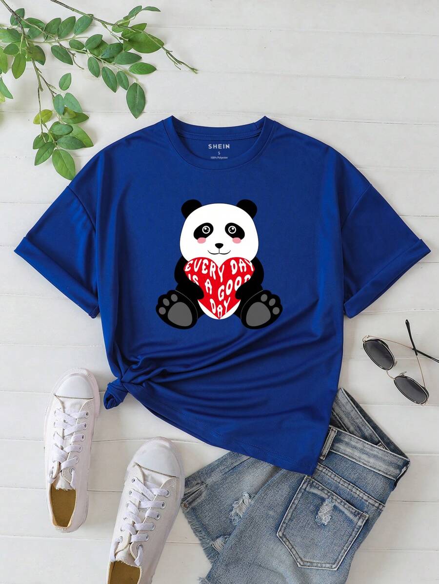 SHEIN EZwear 貓熊和標語圖案T恤 - 寶藍色 - 查看 1