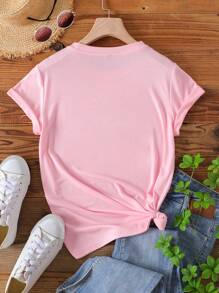 SHEIN Essnce 熱帶和字母圖案T恤 - 淺粉色 - 查看 2