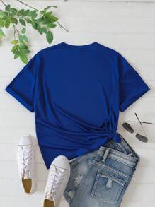 SHEIN EZwear 貓熊和標語圖案T恤 - 寶藍色 - 查看 2