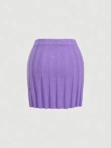 GENKIRA Solid Ribbed Knit Skirt - Purple - View 4