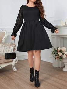 Plus Contrast Lace Flounce Sleeve Dress - Black - View 1