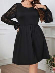 Plus Contrast Lace Flounce Sleeve Dress - Black - View 4