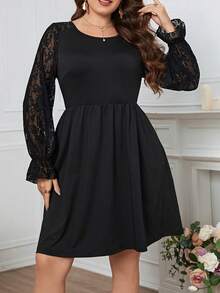Plus Contrast Lace Flounce Sleeve Dress - Black - View 5