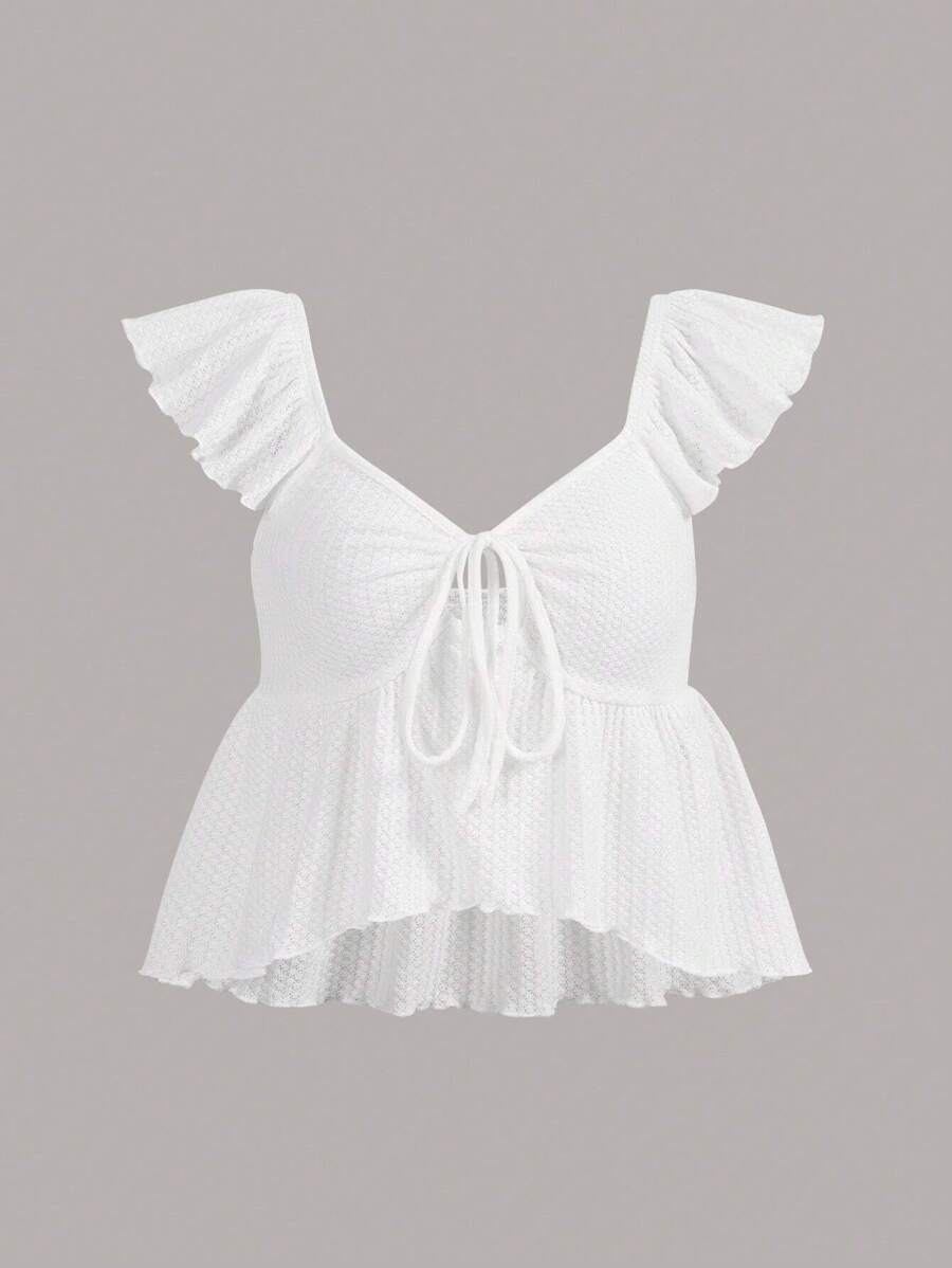 SHEIN EZwear Tie Front Ruffle Hem Top - White - View 1