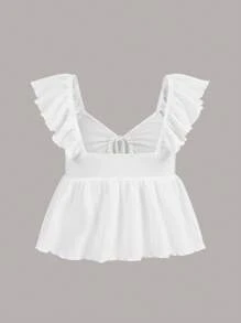 SHEIN EZwear Tie Front Ruffle Hem Top - White - View 2