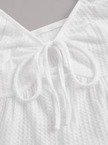 SHEIN EZwear Tie Front Ruffle Hem Top - White - View 6