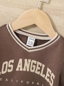 SHEIN Baby Boy Letter Graphic Striped Trim Sweatshirt & Sweatpants - Coffee Brown - View 10