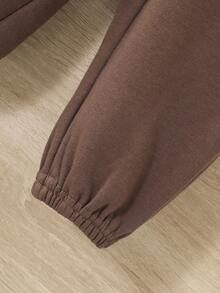 SHEIN Baby Boy Letter Graphic Striped Trim Sweatshirt & Sweatpants - Coffee Brown - View 12