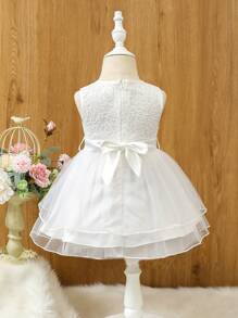 Baby Girl Embroidered Mesh Gathered Multi-Layered Dress With Bow - White - View 2