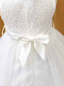 Baby Girl Embroidered Mesh Gathered Multi-Layered Dress With Bow - White - View 3