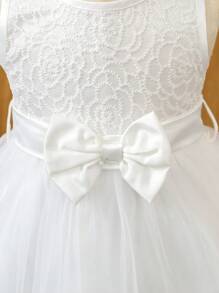 Baby Girl Embroidered Mesh Gathered Multi-Layered Dress With Bow - White - View 5