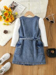 SHEIN 少女系腰帶口袋雙排扣牛仔裙 - 白色 - 查看 2