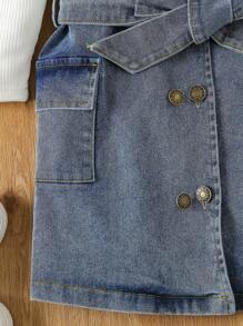 SHEIN 少女系腰帶口袋雙排扣牛仔裙 - 白色 - 查看 6