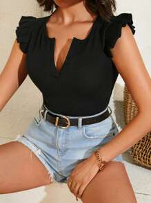 RueChic Notched Neckline Ruffle Trim Tee - Black - View 1